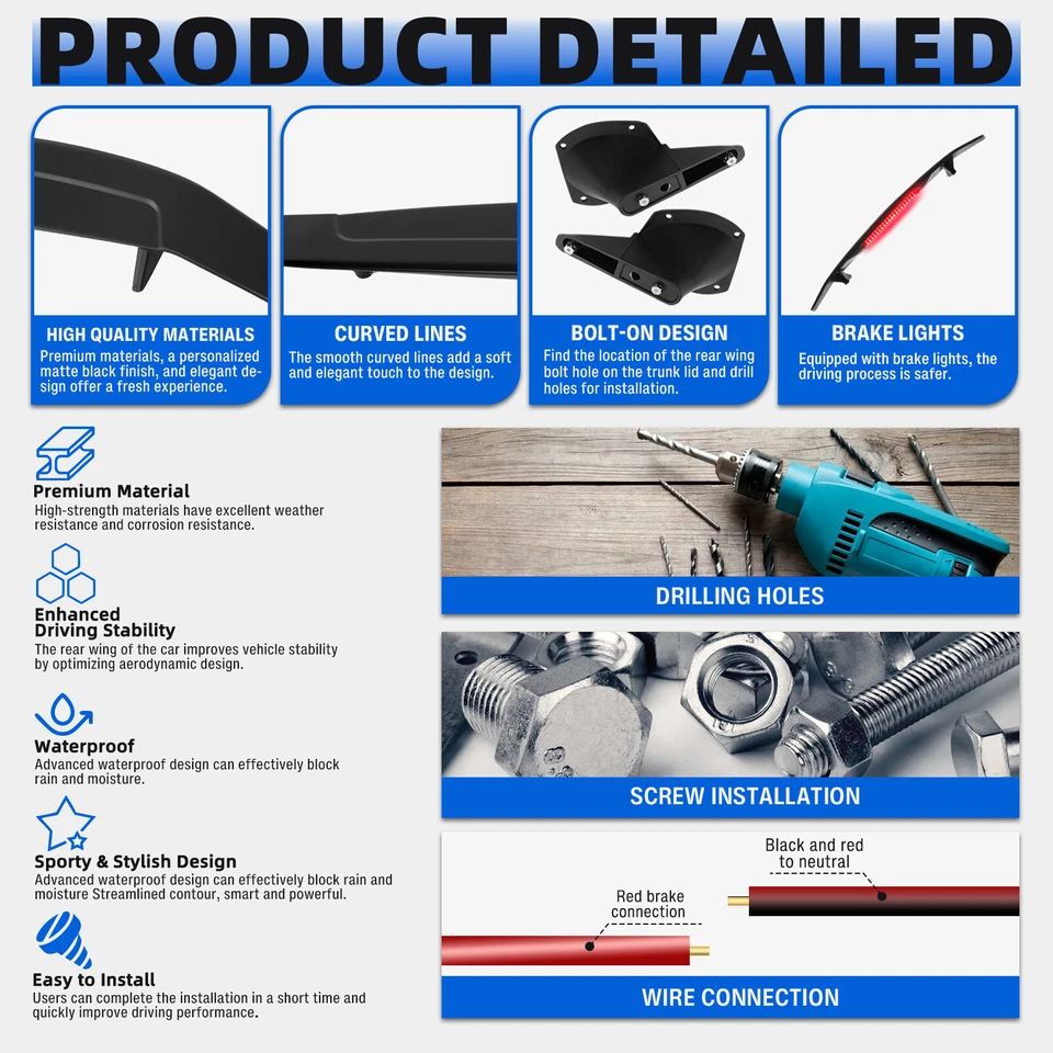 Matte 52" Rear Trunk Spoiler Wing Lip w/Brake Light For Volkswagen Eos 2007-2016 - Image 4 of 4