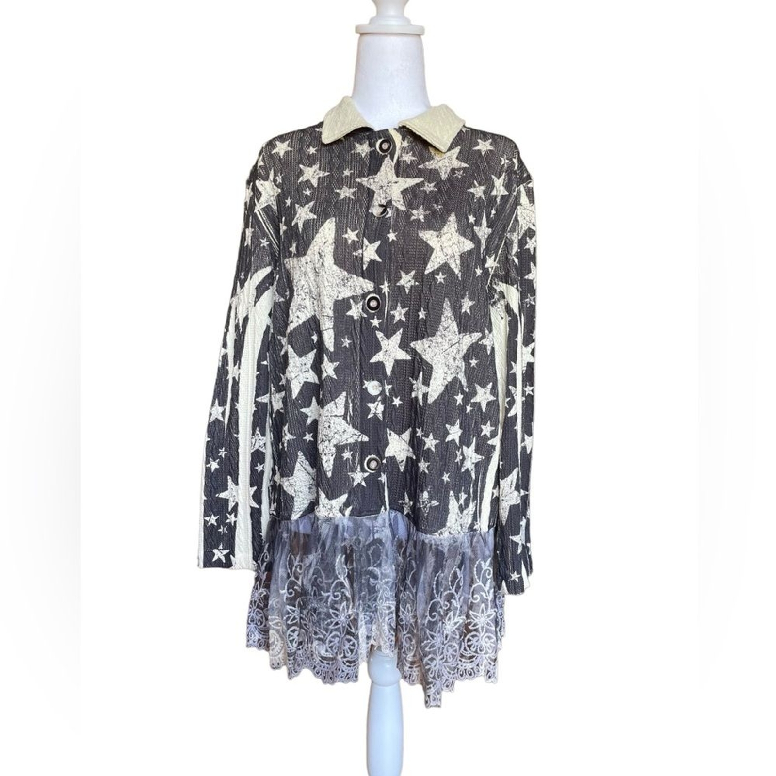 Origami Star Print Lace Trim Tunic Blouse Jacket Womens Size Small Medium
