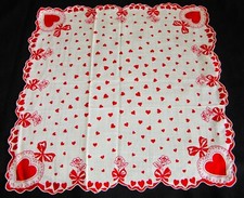 Vintage Hankie Valentine Hearts Ribbons Roses Galore Scalloped