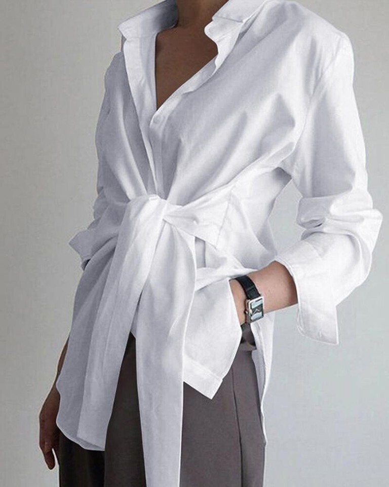 Women Lace Up Wrap Shirt Long Sleeve Buttons Down Solid Tops Asymmetrical Blouse