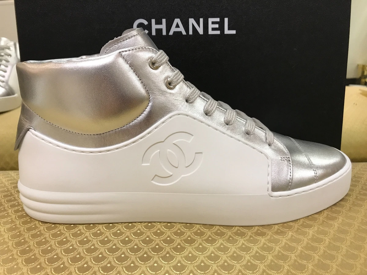 Chanel Shoes Sneakers, Silver and White, Size 40.5, New in Box WA001