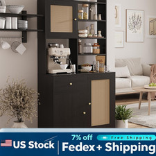 71 Inch Kitchen Pantry Storage Cabinet with Countertop Drawer 3 Rattan Doors
