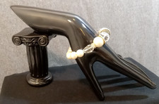 Jewelry Stretch Bracelet White Faux Pearl Silver Tone Clear Crystal Rondelles