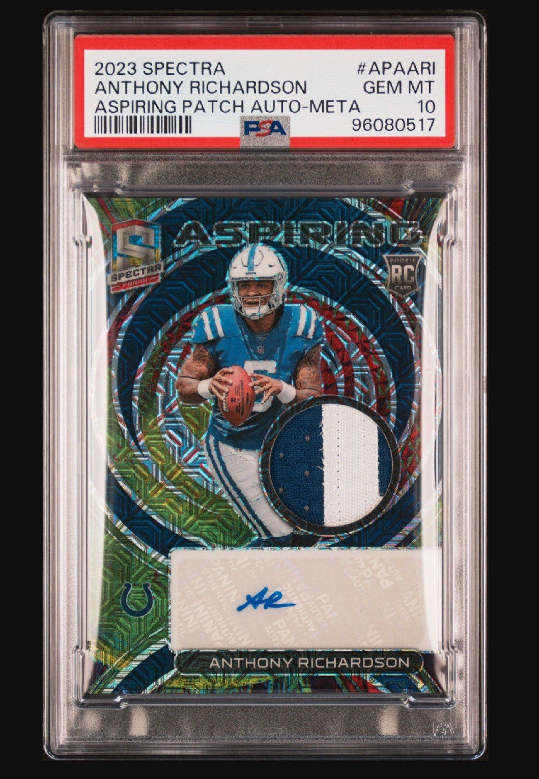 Panini 2023 Spectra Anthony Richardson RC Meta Prizm Patch Auto #/10 PSA 10