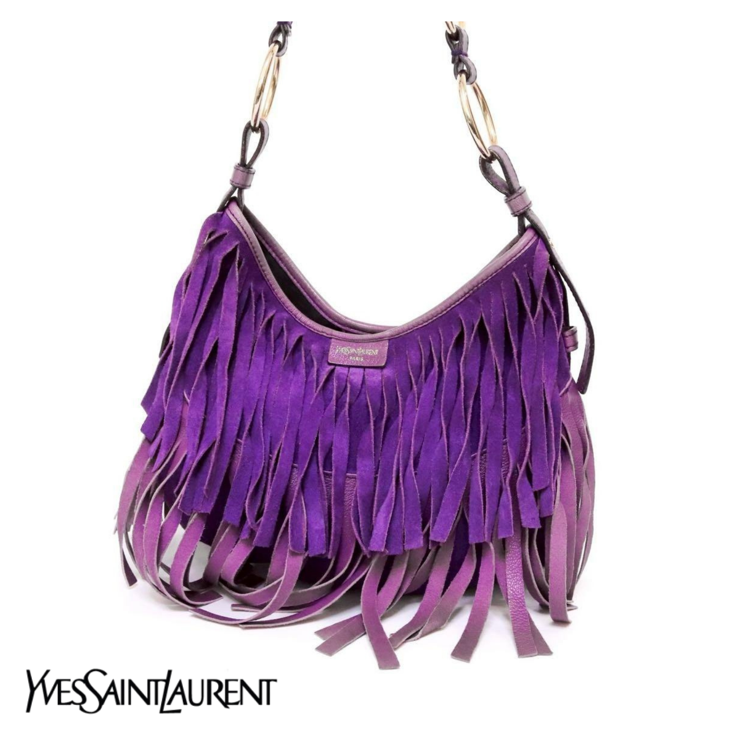 Borsa a tracolla Yves Saint Laurent Rive Gauche con frange borsetta scamosciata viola