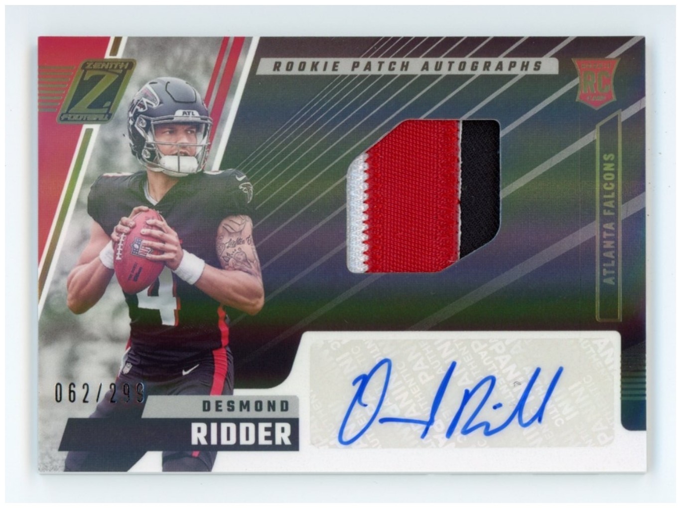 2022 Panini Zenith Desmond Ridder RC Auto Patch /299 RPA #204 3-CLR Patch NFL