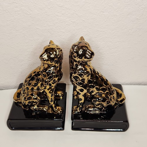 PAIR Rare Gold & Black Ceramic Leopard Big Cat Bookends Cheetah Jaguar Vintage - Picture 3 of 7