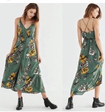 Urban Outfitters Sz 4 Tropical Green Print Buttondown Midi Dress-Asymetrical Hem
