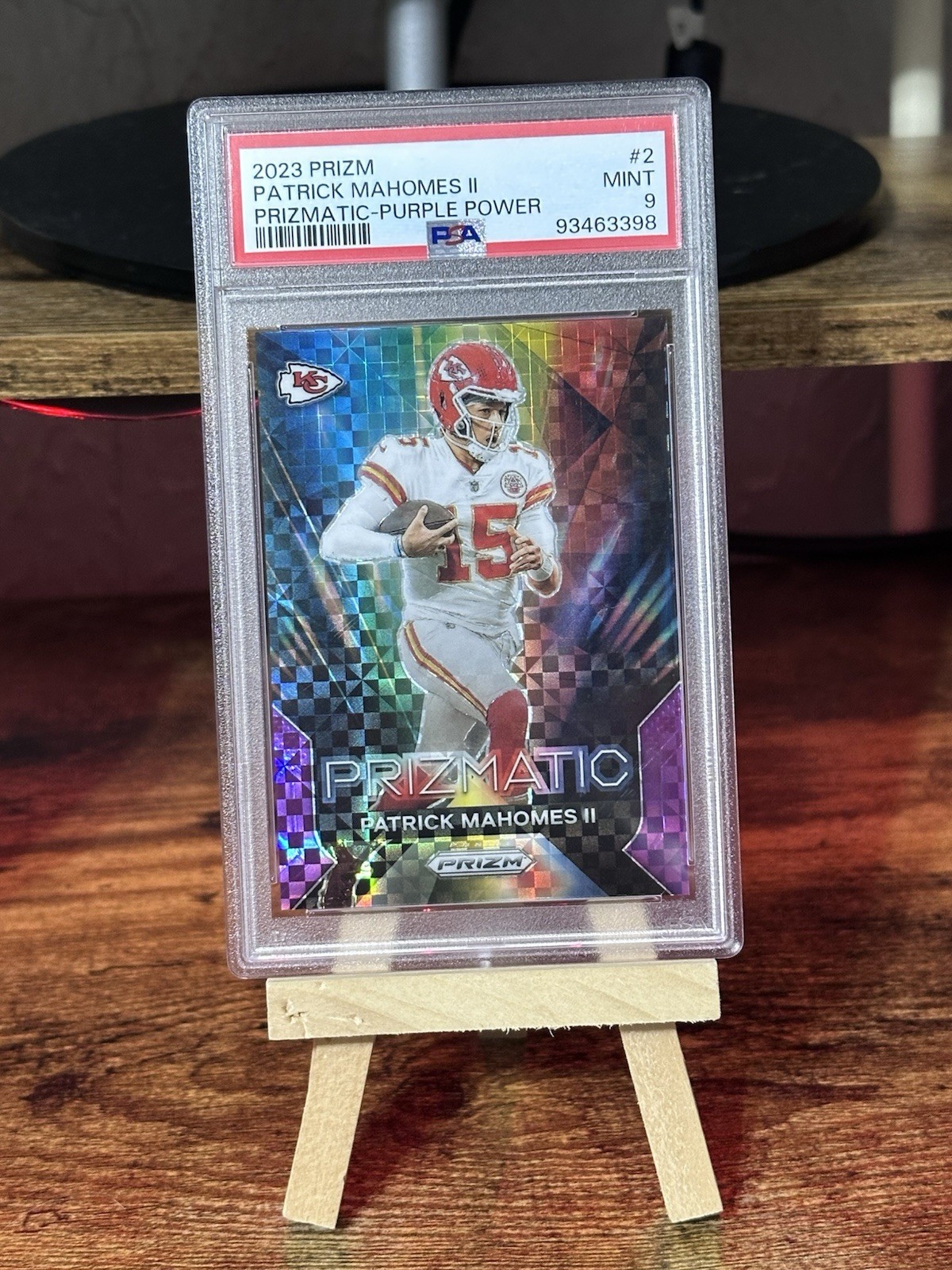 Panini 2023 Prizm Prizmatic Patrick Mahomes II #2 Purple Power /49 PSA 9