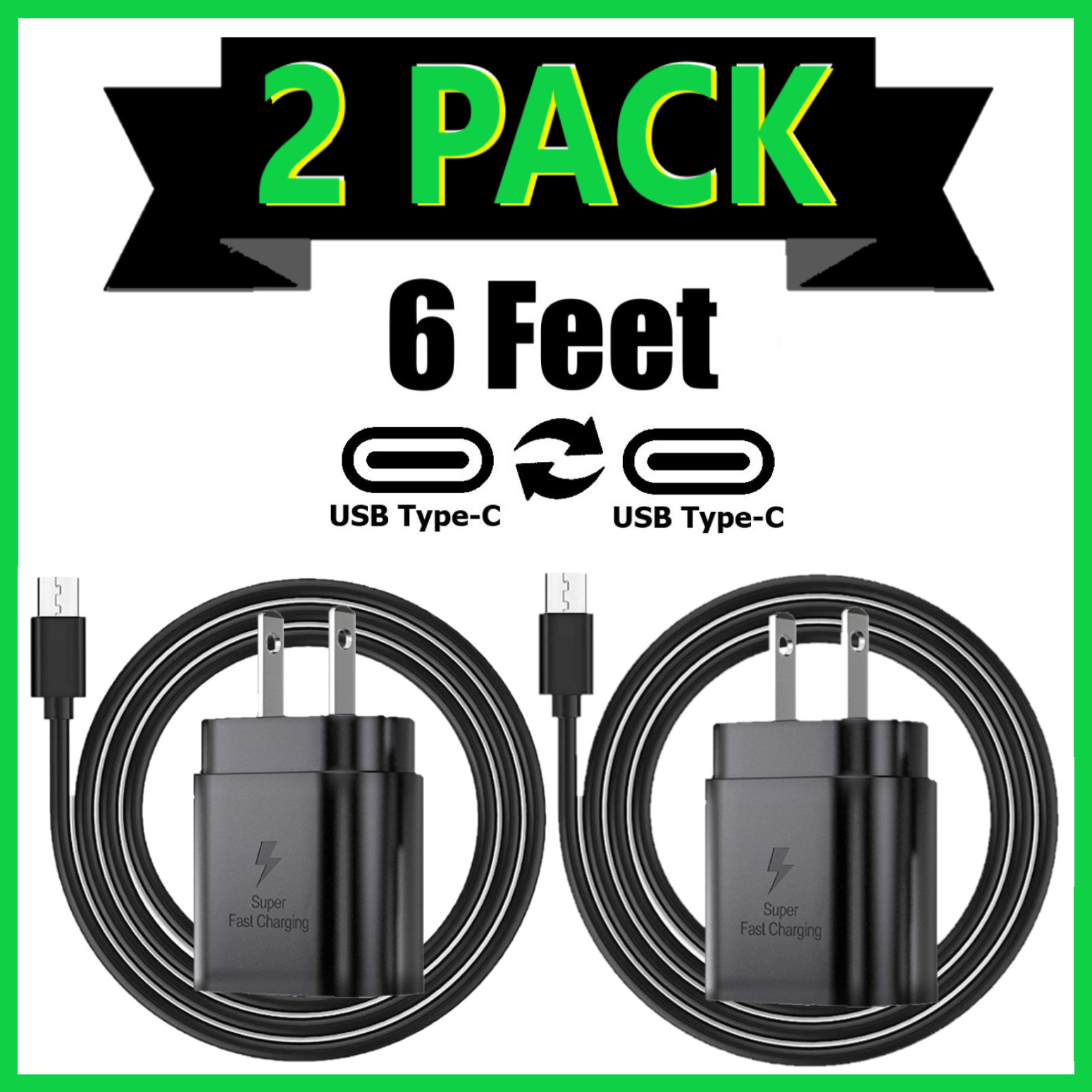 Cargador de pared USB C de 6 pies&comma; paquete de 2 unidades&comma; para Samsung Galaxy