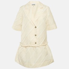 Ganni Cream Diagonal Stripe Crepe Frayed Mini Dress S