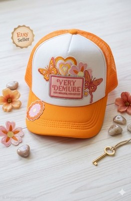 Women s Orange White & Pink Mesh Back Trucker Hat  Very Demure  Patch Adjustable