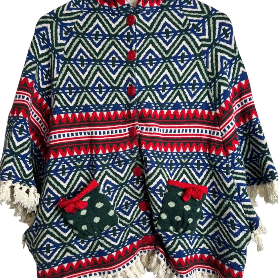 MATILDA JANE Hooded Fringe Poncho Boho Fair Isle Knit Cape Big Girl Size 14 - Image 3 of 4