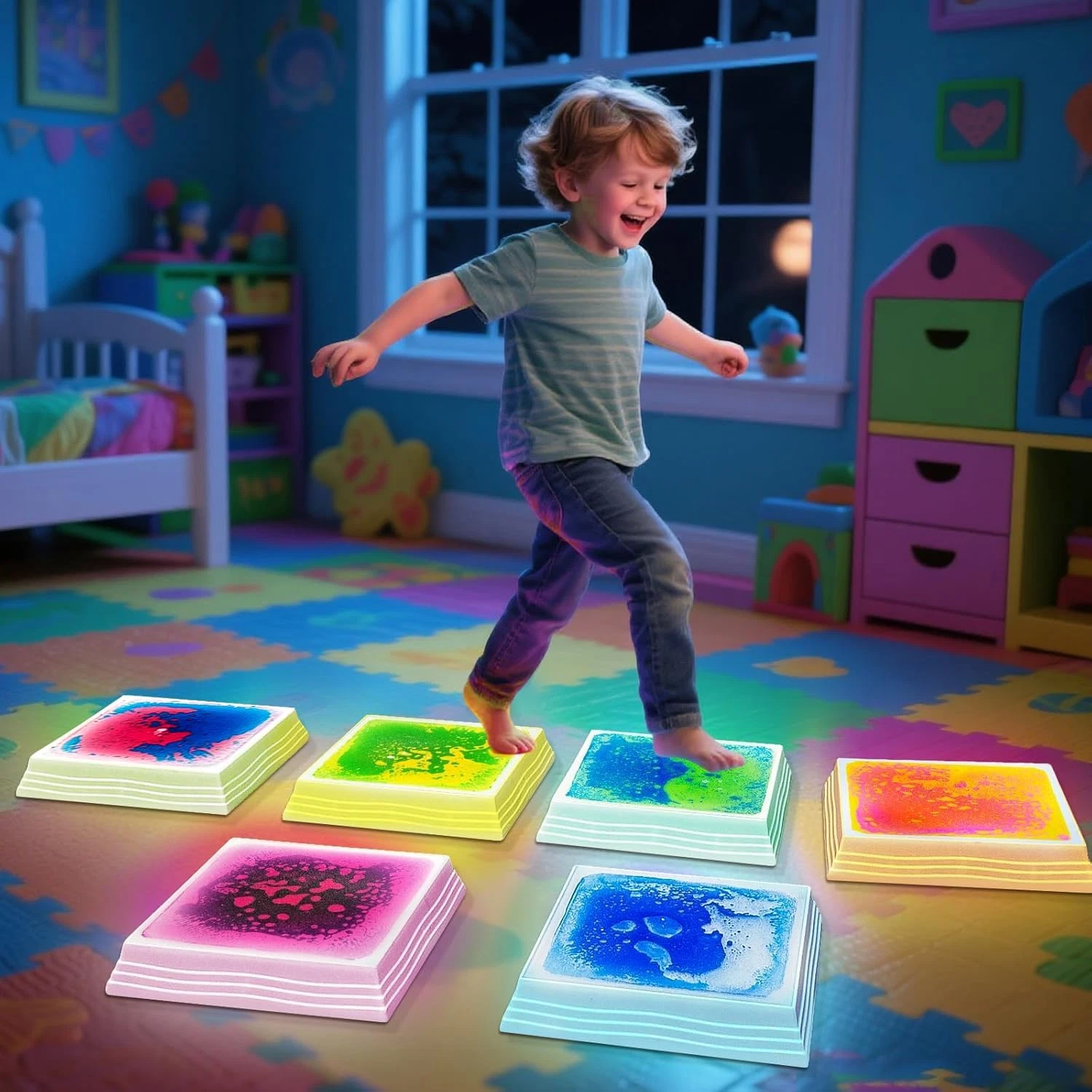 Light up Sensory Floor Tiles for Kids - 12X12 Inch Liquid Play Mat with 7 Colors