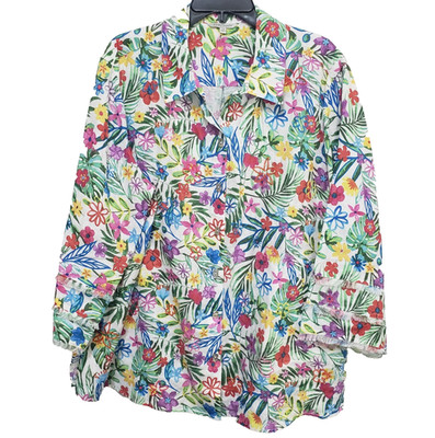 John Mark Linen Top Womens 2X Embroidered Boho Tropical Floral Art-to-Wear