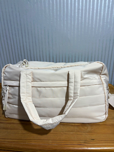 Cream Quilted Nylon Duffle Holdall Bag, Adjustable Shoulder Strap, 40L