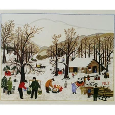 Vintage Crewel Embroidery Kit Grandma Moses Americana Winter Scene Maple Sugar