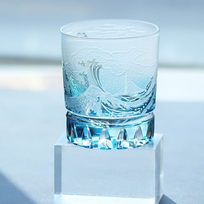 Edo Kiriko Handcrafted Fuji Wave Whiskey Glass Collection with Gift Box