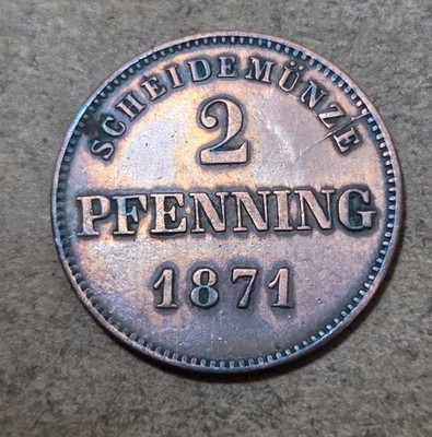 KINGDOM OF BAVARIA / TWO (2) PFENNIGS COIN 1871 (KING LUDWIG II)