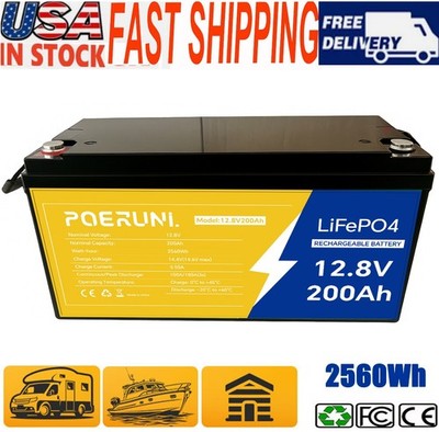 POERUNI 12V 200Ah LiFePO4 Deep Cycle Lithium Battery for RV Off-grid Solar NEW