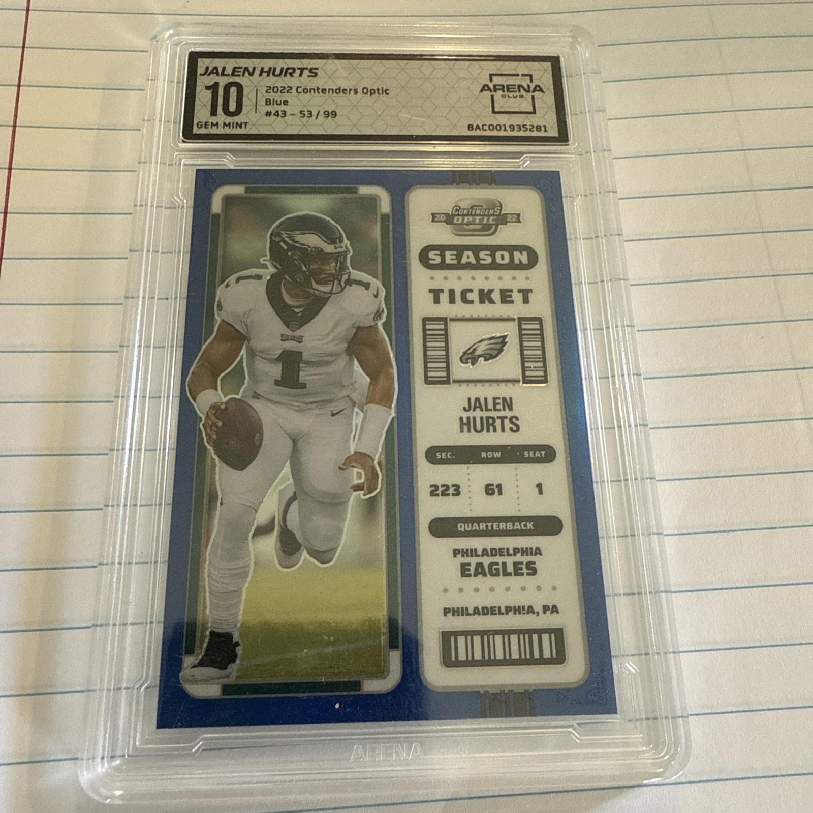 2022 Panini Contenders Optic - Season Ticket Jalen Hurts #43 Blue /99 Arena C 10