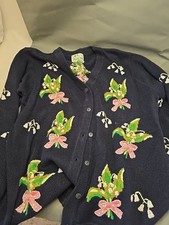 Vintage THE QUACKER FACTORY Cardigan Sweater Blue Fleur and bell flower womens