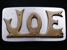 RI01133 VINTAGE 1970s NAME JOE SOLID BRASS ON STAINLESS STEEL BELT BUCKLE