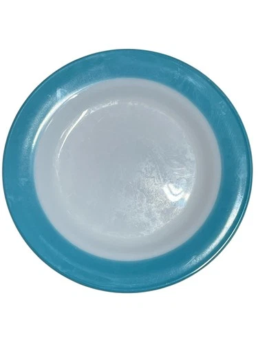 Vtg PYREX BLUE BAND Milk Glass DINNER PLATE 10" Turquoise Aqua Rim USA - Flaw