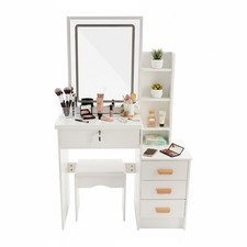 Vanity Desk w/Mirror & Lights, Makeup Vanity Table Set w/4 Storage Drawers White