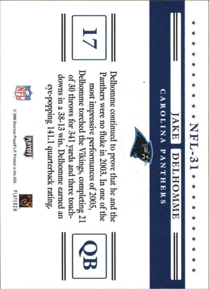 2006 Playoff Prestige Stars of the NFL #31 Jake Delhomme - FB - Image 2 of 2
