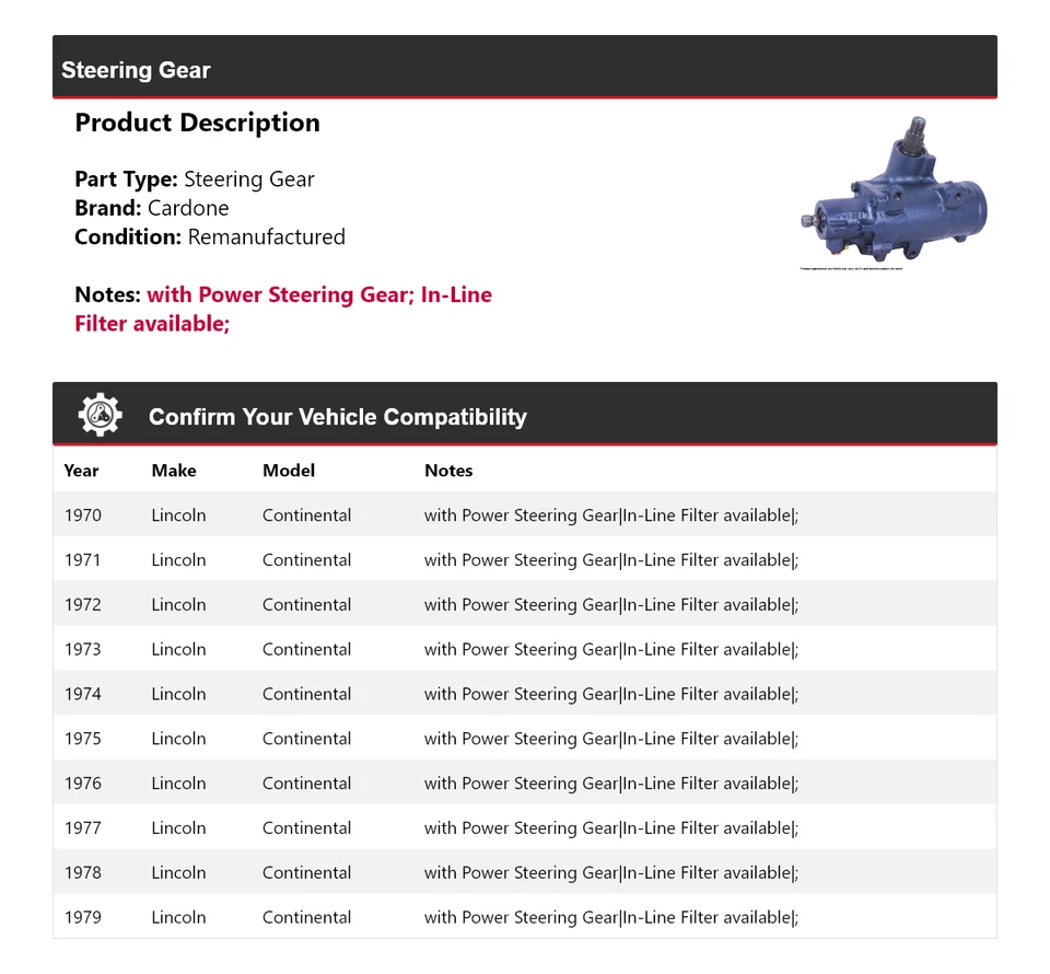 Para Lincoln Continental 1970-1979 engranaje de dirección Cardone 1971 1972 1973 1974 1975 Foto 2 de 4