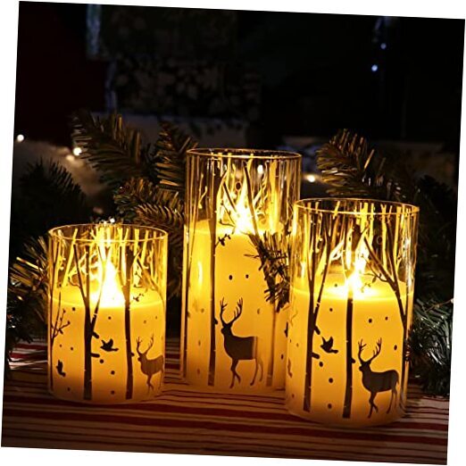 Design Glass Battery Operated LED Candles with 6H Timer, Silver Reindeer