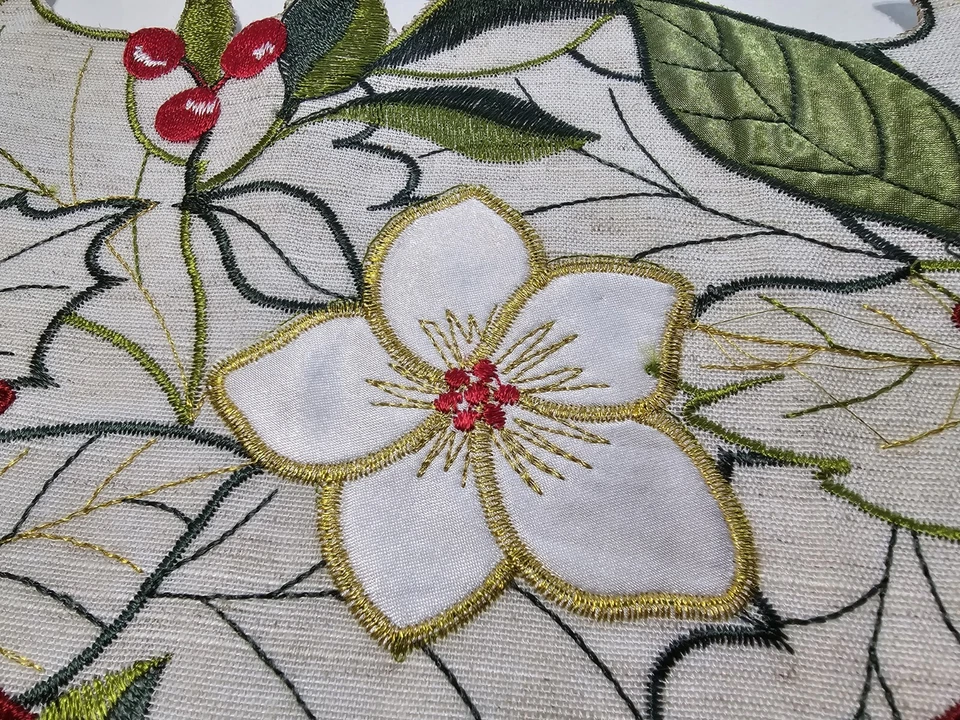 Christmas Embroidered Poinsettia Table Runner  St Nicholas Square Linen Blend - Image 3 of 4