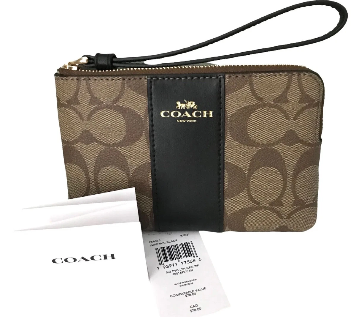 Coach Wristlet Purse SIG PVC LTH CRN ZIP F58035 Strap Khaki Black