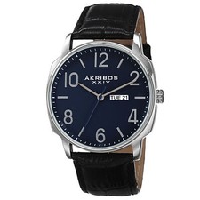 New Men's Akribos XXIV AK801BU Classic Quartz Day & Date Blue Dial Leather Watch