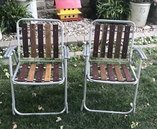 Two (2) Vintage Lawn Chair Aluminum Folding Wood Slats Dual Shotgun Arms