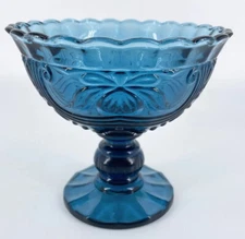 VTG Blue Glass Pedestal Footed Compote Candy Dish Ice Cream Bowl Scalloped EUC
