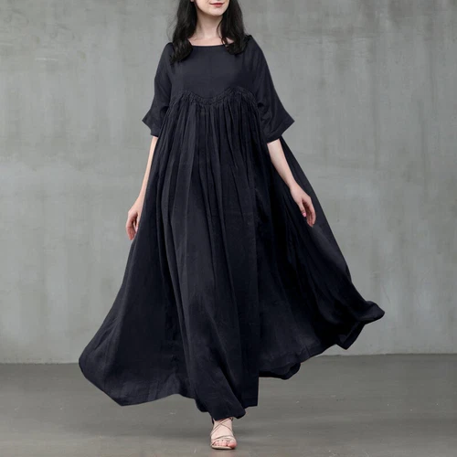 Damen Kurzarm Baumwolle Lockere Taille Party Swing Maxikleid S-5xl - Bild 6 von 28