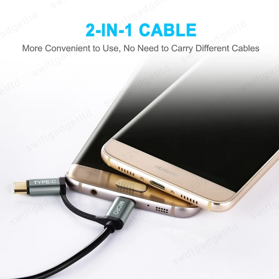 2 in 1 USB C Cable Micro USB Cable Type C Fast Charging Charger Data Lead 1M 2M - Image 3 of 4