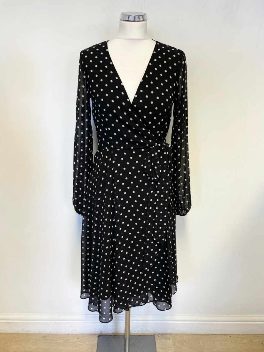 GUESS BLACK WHITE SPOT V NECK LONG SLEEVED WRAP DRESS SIZE S