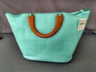 Coldwater Creek aquablau Stroh V-Form Beuteltasche Handtasche rund Holzgriffe