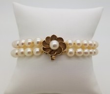 14K Yellow Gold Flower Clasp Double Strand Pearl Bracelet Beautiful