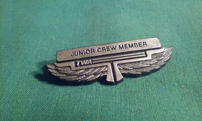 Vintage TWA Airlines Junior Crew Member flight silver-tone wings lapel pin 2-3/8