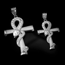 Satin Sterling Silver Egyptian Ankh DC Coiled Snake Pendant (2 sizes)