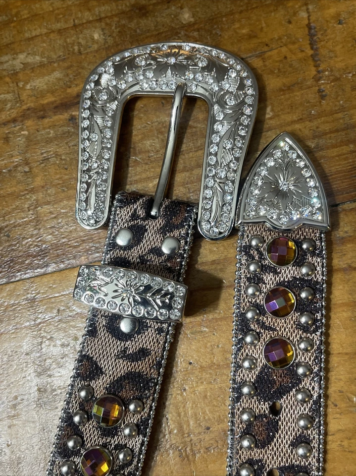 CINTURÓN BLAZIN ROZZ Mujer Estrás Brillo Estampado Leopardo, Talla Grande, Plateado Foto 2 de 4