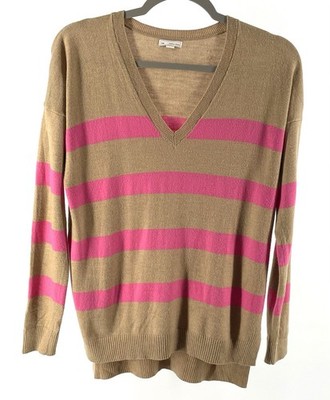 GAP Designed & Crafted Merino Wool Blend V Neck Sweater XS Brown Pink Stripe