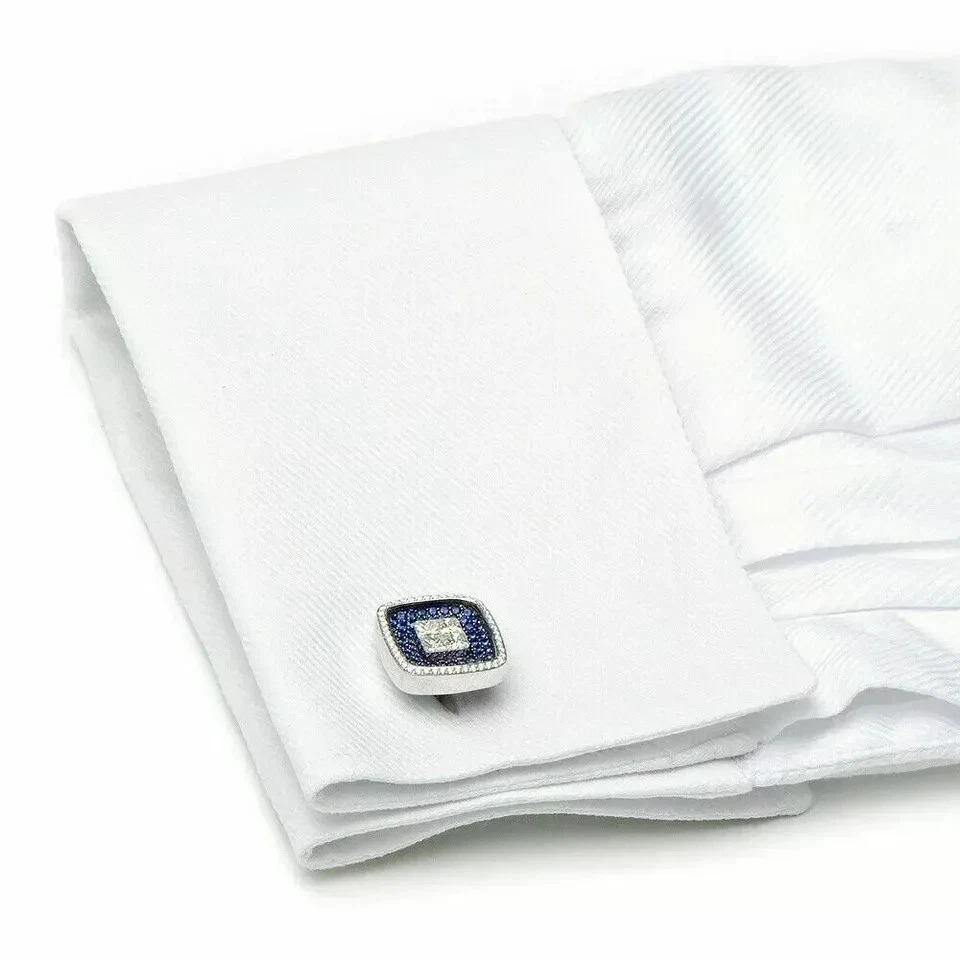 Gemelos de boda de zafiro creados en laboratorio de corte redondo de 3 quilates chapados en oro blanco de 14 quilates Foto 3 de 4