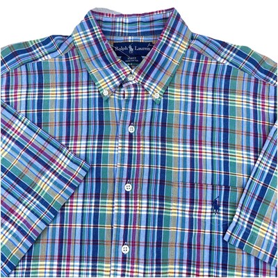 Ralph Lauren Shirt Men XL Button Up Blake Multi Plaid Flat Pocket Blue Pink