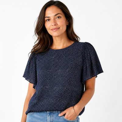 LOFT Linen Cotton Polka Dot Flutter Sleeve Top Navy White Size L