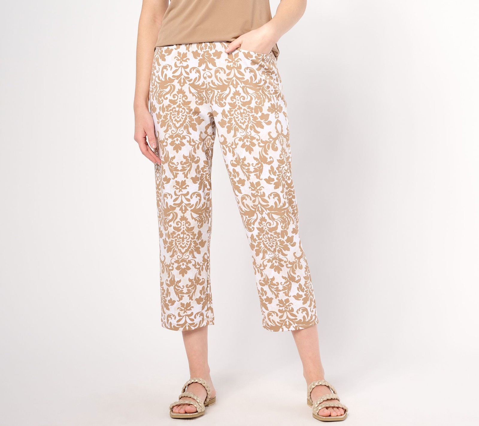 Susan Graver Women's Petite Pants PM Printed LK Fusion Slim Leg Brown A644511